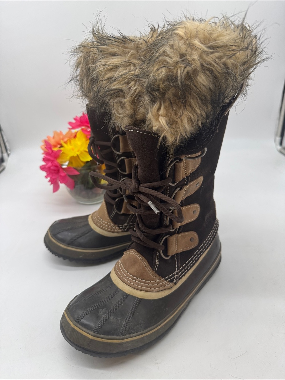 Sorel Women's Brown and Tan Faux-Fur Trim Snow Boots Size 8